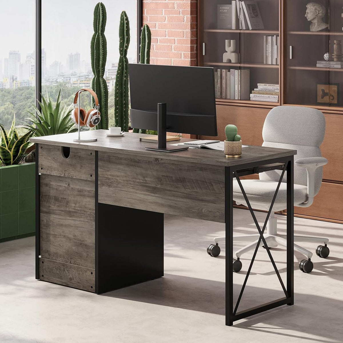 48” Computer Desk with Drawers, Office Desk with Storage, Industrial Wood Writing Desk with File Drawer, Keyboard Tray & 2 Hooks for Home Office & Studio, Cherry