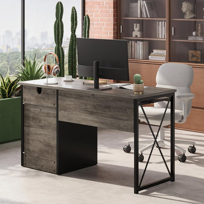 48” Computer Desk with Drawers, Office Desk with Storage, Industrial Wood Writing Desk with File Drawer, Keyboard Tray & 2 Hooks for Home Office & Studio, Cherry