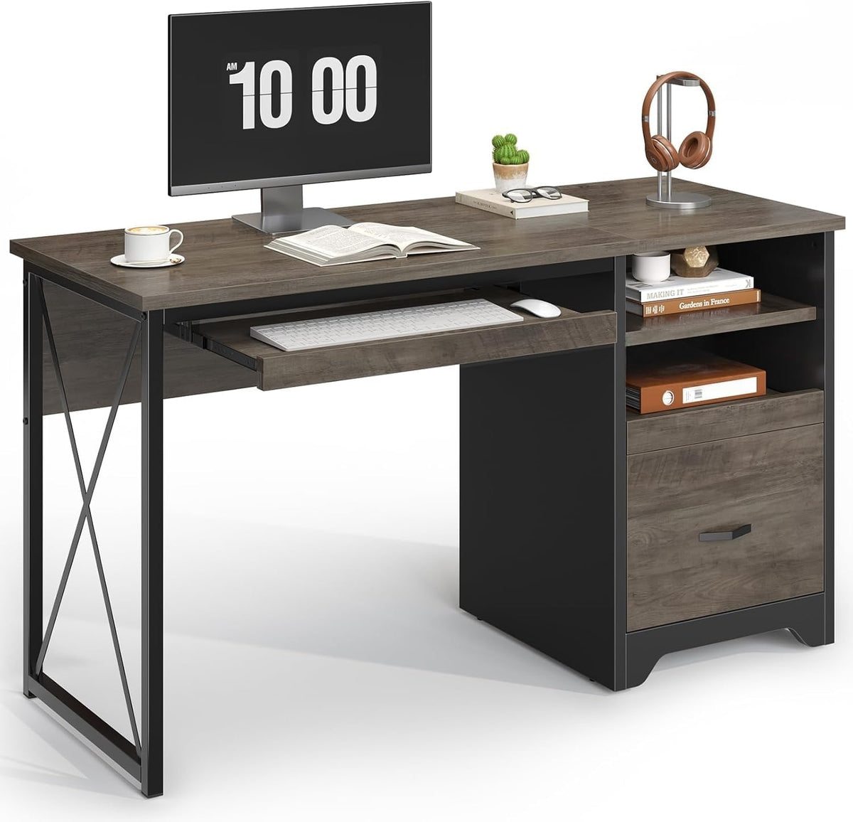 48” Computer Desk with Drawers, Office Desk with Storage, Industrial Wood Writing Desk with File Drawer, Keyboard Tray & 2 Hooks for Home Office & Studio, Cherry