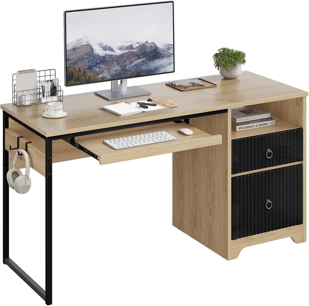 48” Computer Desk with Drawers, Office Desk with Storage, Industrial Wood Writing Desk with File Drawer, Keyboard Tray & 2 Hooks for Home Office & Studio, Cherry