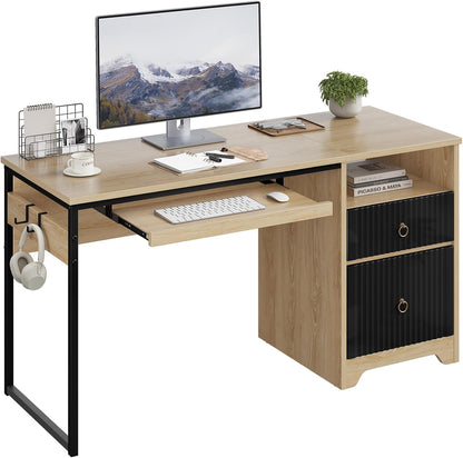 48” Computer Desk with Drawers, Office Desk with Storage, Industrial Wood Writing Desk with File Drawer, Keyboard Tray & 2 Hooks for Home Office & Studio, Cherry
