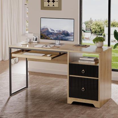 48” Computer Desk with Drawers, Office Desk with Storage, Industrial Wood Writing Desk with File Drawer, Keyboard Tray & 2 Hooks for Home Office & Studio, Cherry