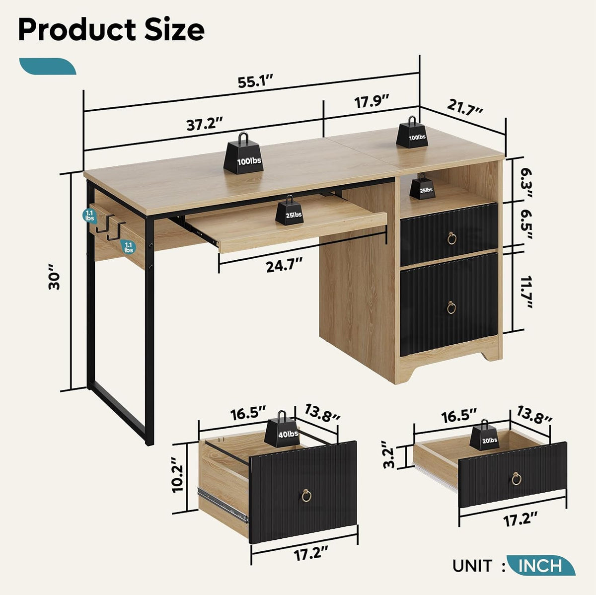 48” Computer Desk with Drawers, Office Desk with Storage, Industrial Wood Writing Desk with File Drawer, Keyboard Tray & 2 Hooks for Home Office & Studio, Cherry