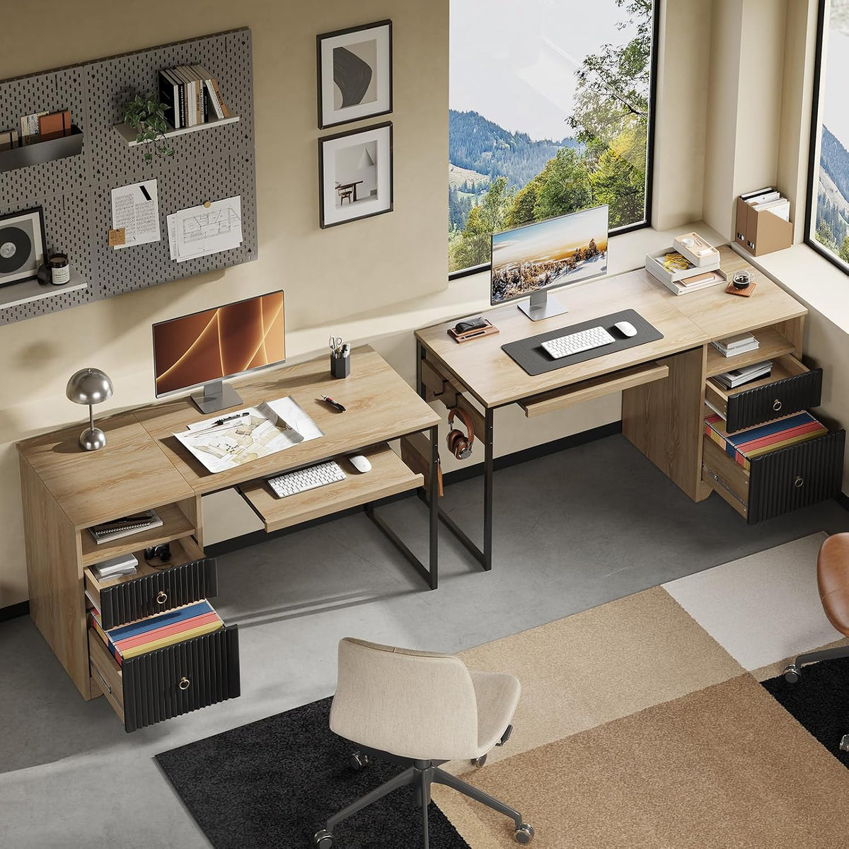 48” Computer Desk with Drawers, Office Desk with Storage, Industrial Wood Writing Desk with File Drawer, Keyboard Tray & 2 Hooks for Home Office & Studio, Cherry