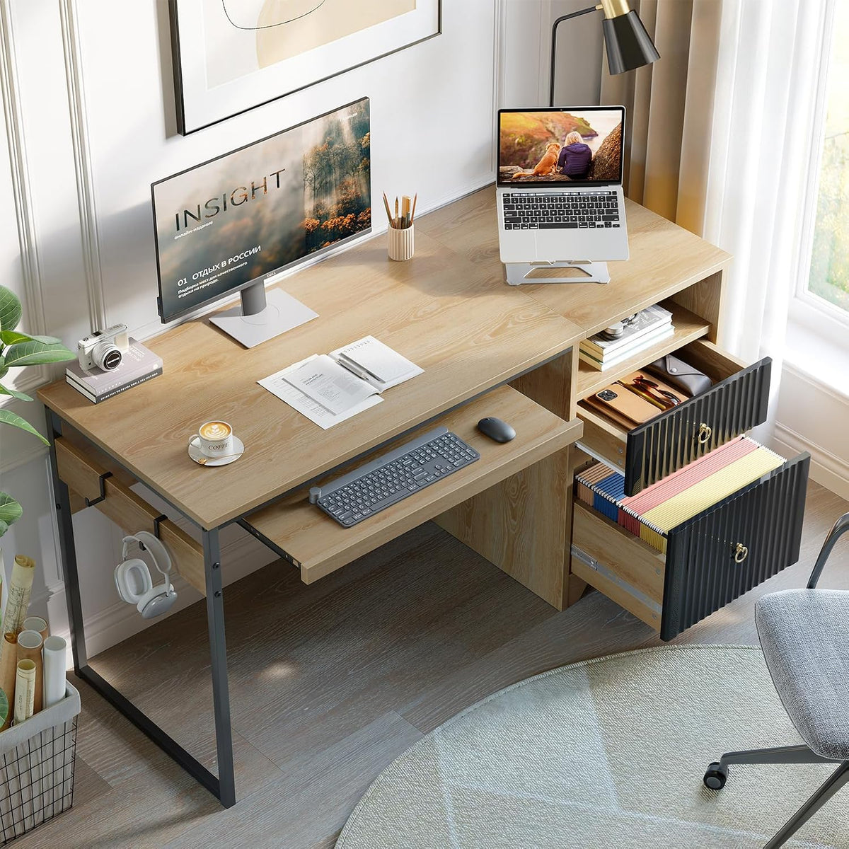 48” Computer Desk with Drawers, Office Desk with Storage, Industrial Wood Writing Desk with File Drawer, Keyboard Tray & 2 Hooks for Home Office & Studio, Cherry