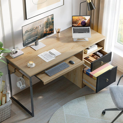 48” Computer Desk with Drawers, Office Desk with Storage, Industrial Wood Writing Desk with File Drawer, Keyboard Tray & 2 Hooks for Home Office & Studio, Cherry