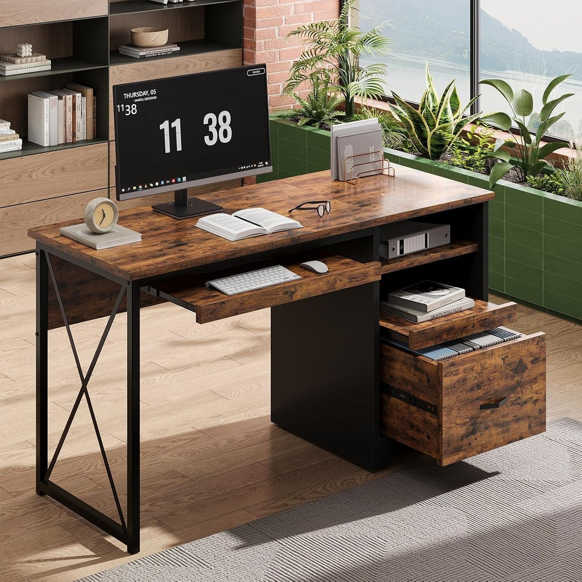 48” Computer Desk with Drawers, Office Desk with Storage, Industrial Wood Writing Desk with File Drawer, Keyboard Tray & 2 Hooks for Home Office & Studio, Cherry