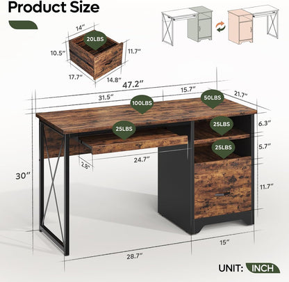 48” Computer Desk with Drawers, Office Desk with Storage, Industrial Wood Writing Desk with File Drawer, Keyboard Tray & 2 Hooks for Home Office & Studio, Cherry