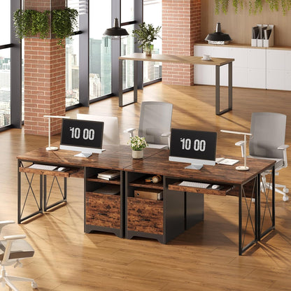 48” Computer Desk with Drawers, Office Desk with Storage, Industrial Wood Writing Desk with File Drawer, Keyboard Tray & 2 Hooks for Home Office & Studio, Cherry
