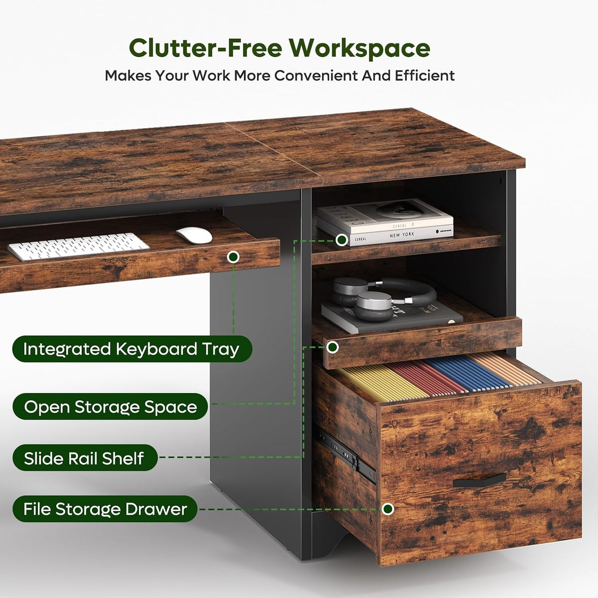 48” Computer Desk with Drawers, Office Desk with Storage, Industrial Wood Writing Desk with File Drawer, Keyboard Tray & 2 Hooks for Home Office & Studio, Cherry