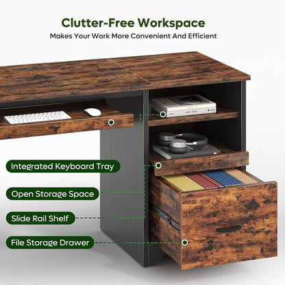 48” Computer Desk with Drawers, Office Desk with Storage, Industrial Wood Writing Desk with File Drawer, Keyboard Tray & 2 Hooks for Home Office & Studio, Cherry