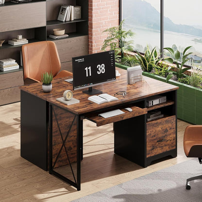 48” Computer Desk with Drawers, Office Desk with Storage, Industrial Wood Writing Desk with File Drawer, Keyboard Tray & 2 Hooks for Home Office & Studio, Cherry