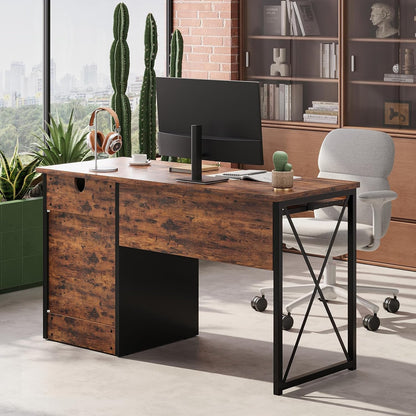 48” Computer Desk with Drawers, Office Desk with Storage, Industrial Wood Writing Desk with File Drawer, Keyboard Tray & 2 Hooks for Home Office & Studio, Cherry