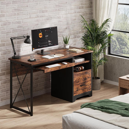 48” Computer Desk with Drawers, Office Desk with Storage, Industrial Wood Writing Desk with File Drawer, Keyboard Tray & 2 Hooks for Home Office & Studio, Cherry