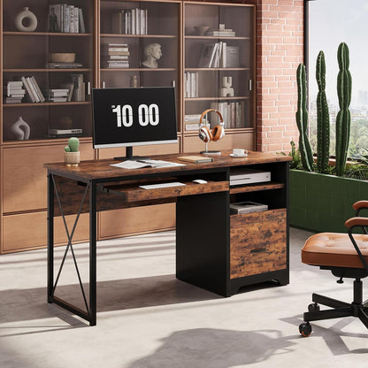 48” Computer Desk with Drawers, Office Desk with Storage, Industrial Wood Writing Desk with File Drawer, Keyboard Tray & 2 Hooks for Home Office & Studio, Cherry
