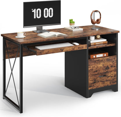 48” Computer Desk with Drawers, Office Desk with Storage, Industrial Wood Writing Desk with File Drawer, Keyboard Tray & 2 Hooks for Home Office & Studio, Cherry