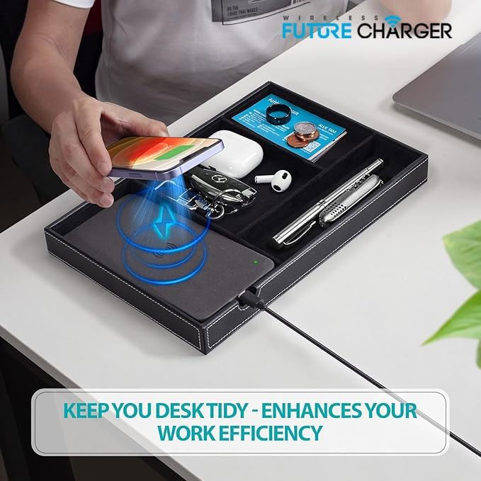 Valet Tray, Built in Wireless Charging Pad, Nightstand Organizer