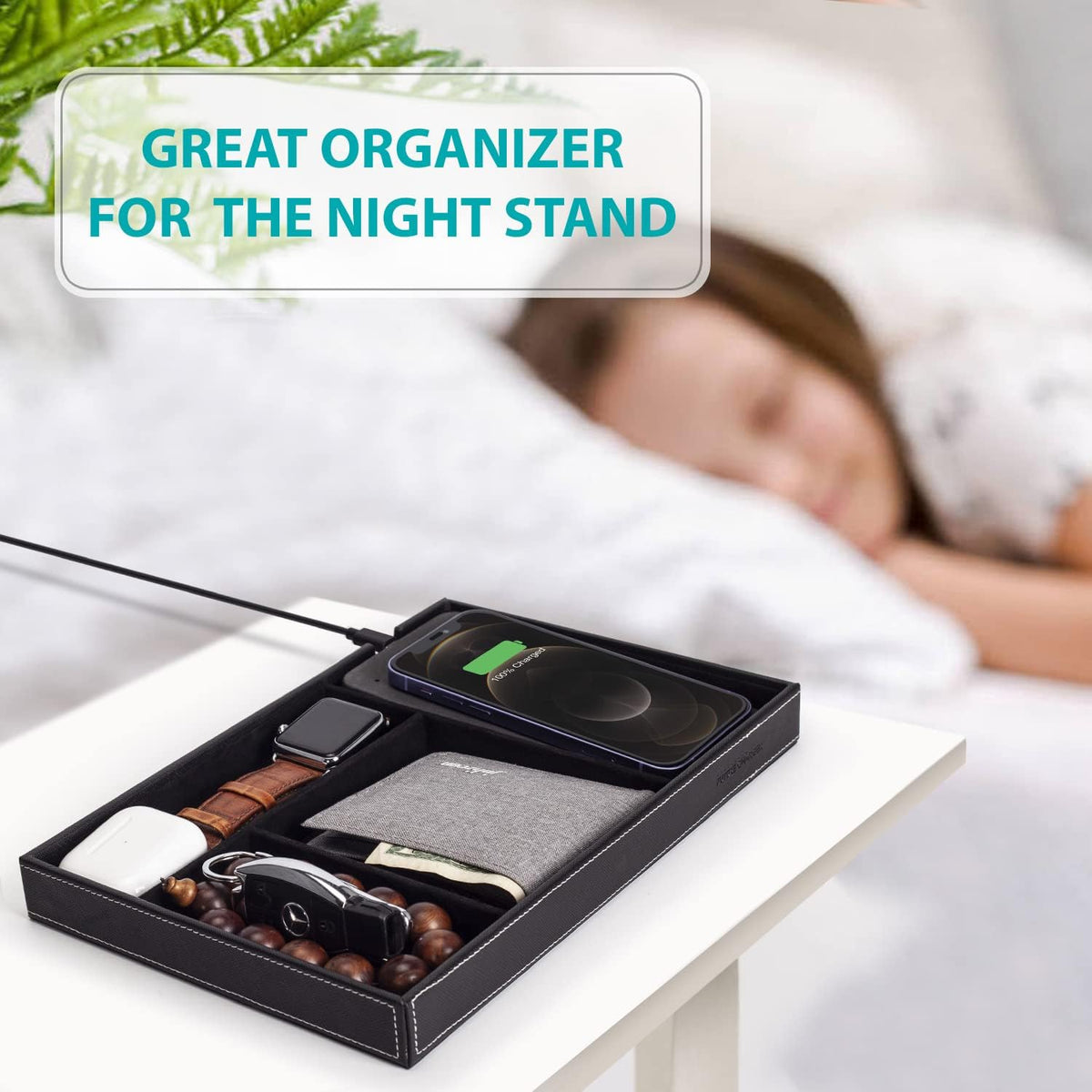 Valet Tray, Built in Wireless Charging Pad, Nightstand Organizer