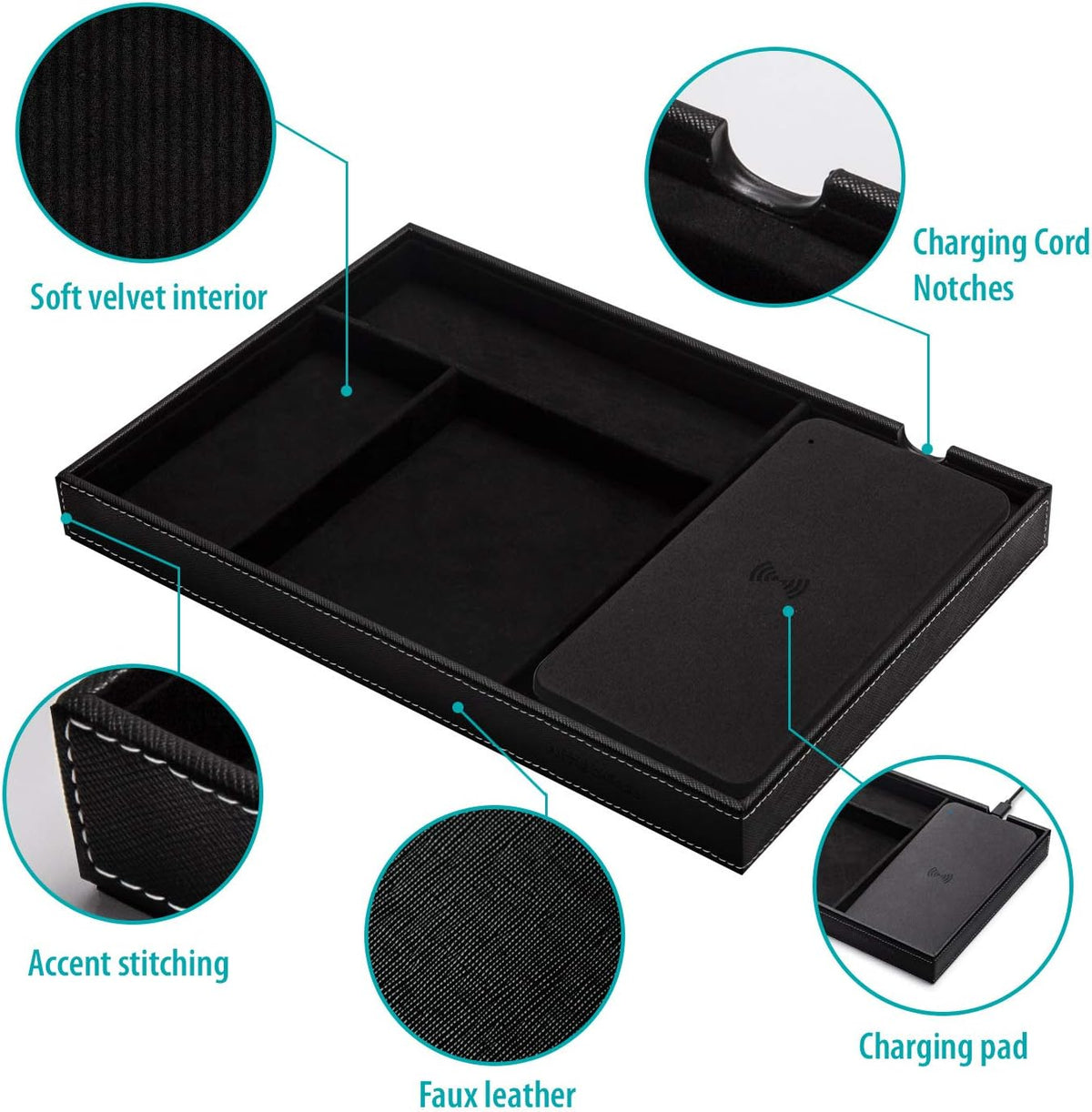 Valet Tray, Built in Wireless Charging Pad, Nightstand Organizer