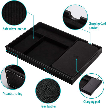 Valet Tray, Built in Wireless Charging Pad, Nightstand Organizer