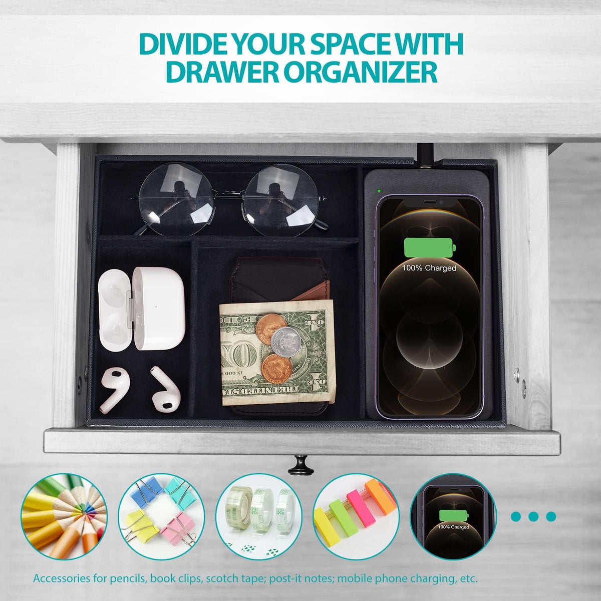 Valet Tray, Built in Wireless Charging Pad, Nightstand Organizer