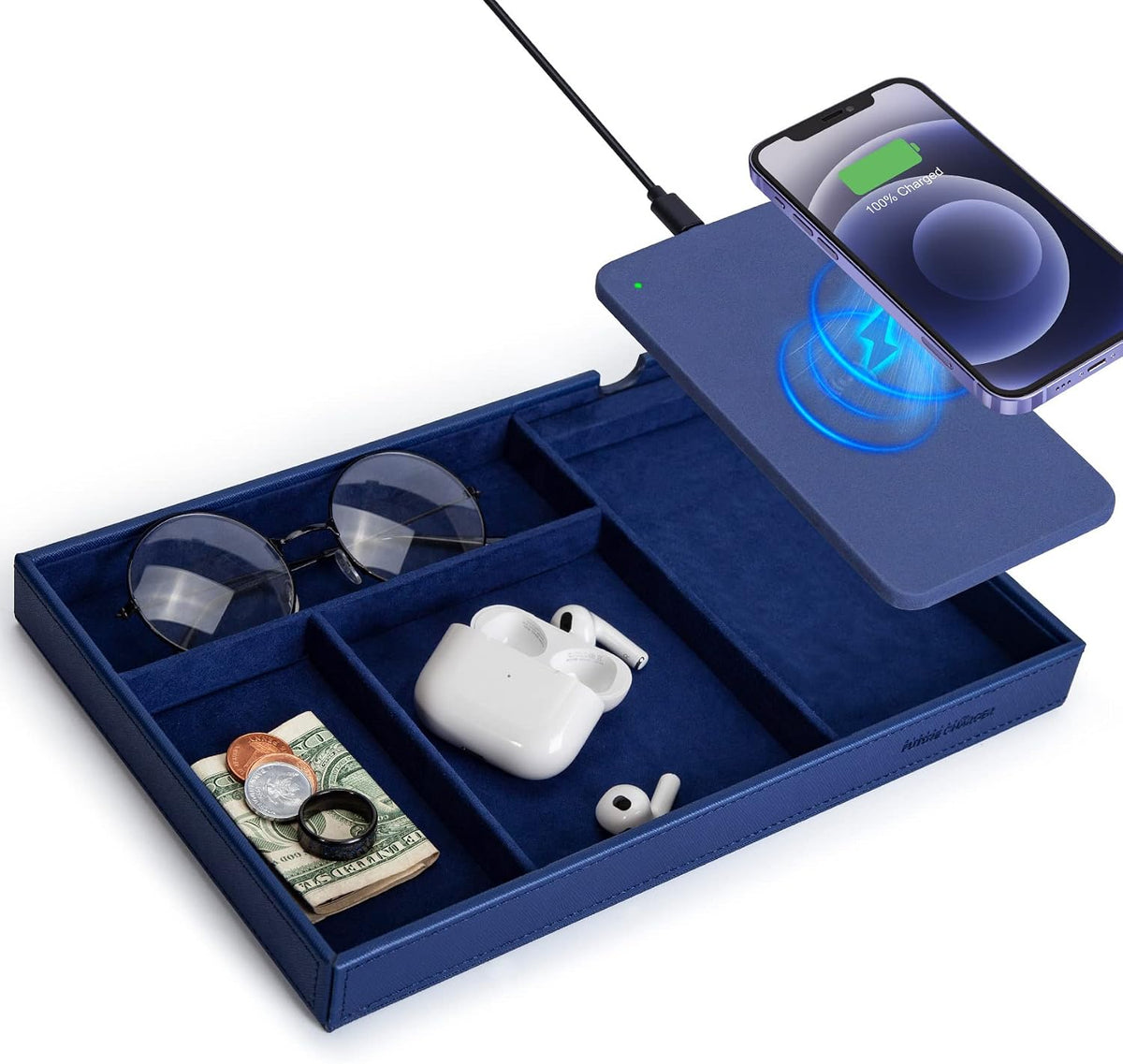 Valet Tray, Built in Wireless Charging Pad, Nightstand Organizer