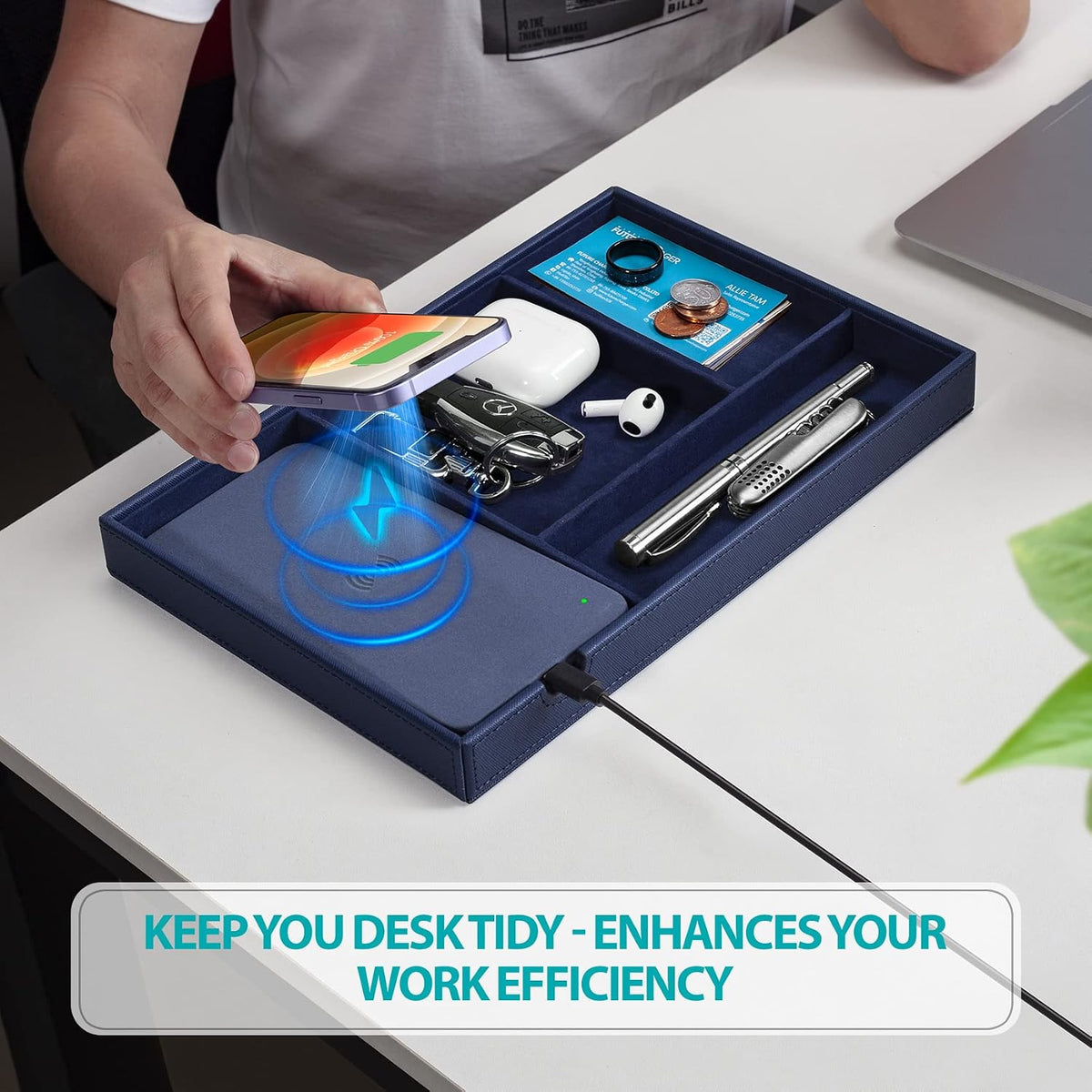 Valet Tray, Built in Wireless Charging Pad, Nightstand Organizer