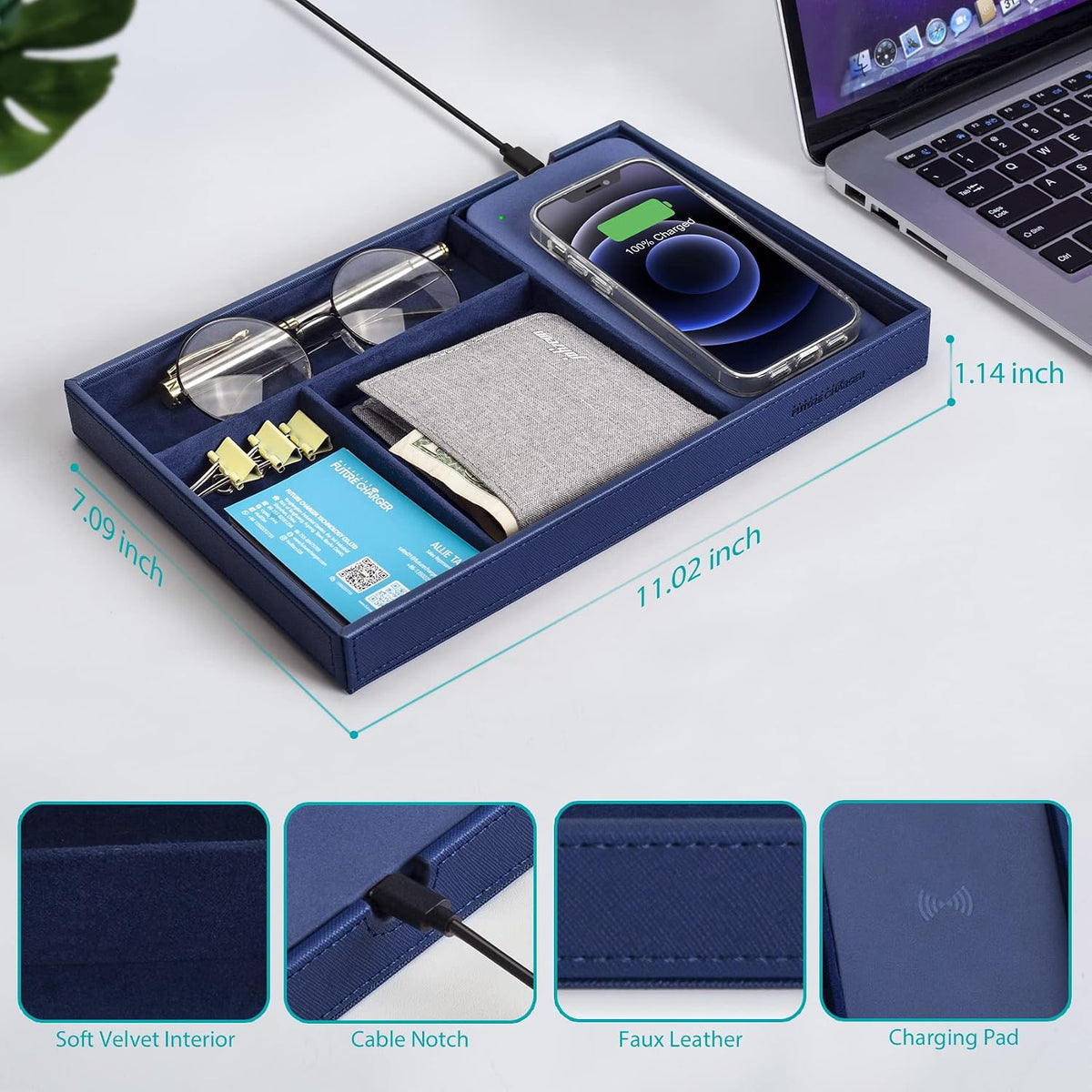 Valet Tray, Built in Wireless Charging Pad, Nightstand Organizer
