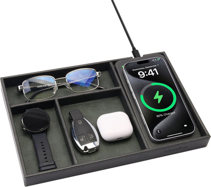 Valet Tray, Built in Wireless Charging Pad, Nightstand Organizer