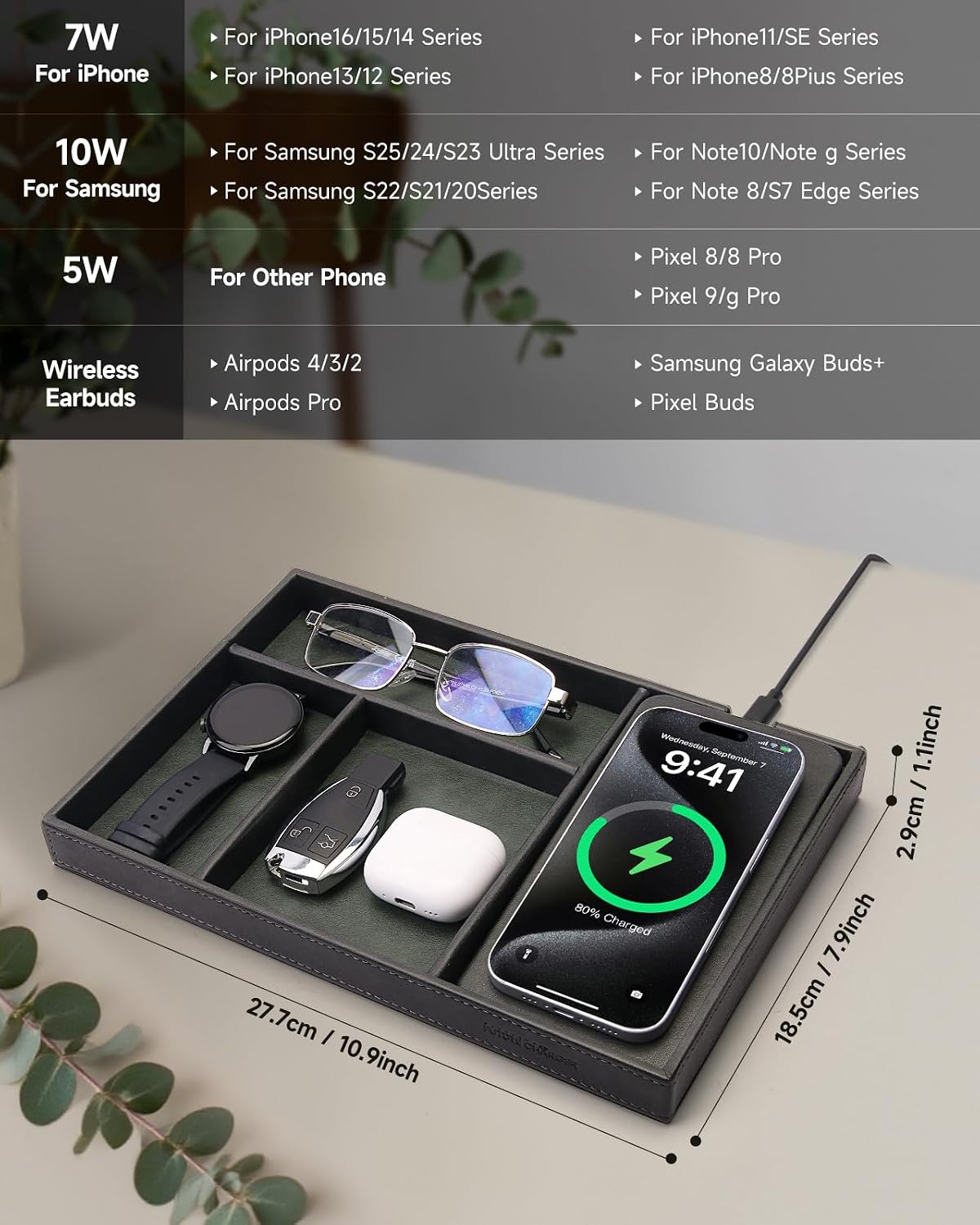 Valet Tray, Built in Wireless Charging Pad, Nightstand Organizer