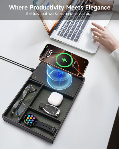 Valet Tray, Built in Wireless Charging Pad, Nightstand Organizer