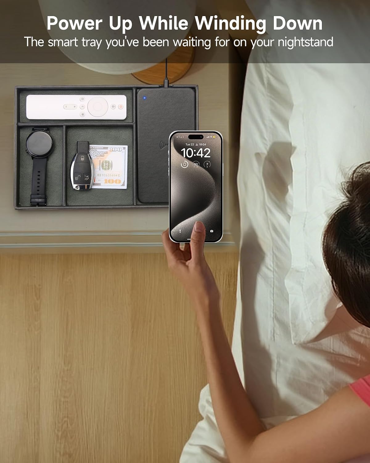 Valet Tray, Built in Wireless Charging Pad, Nightstand Organizer