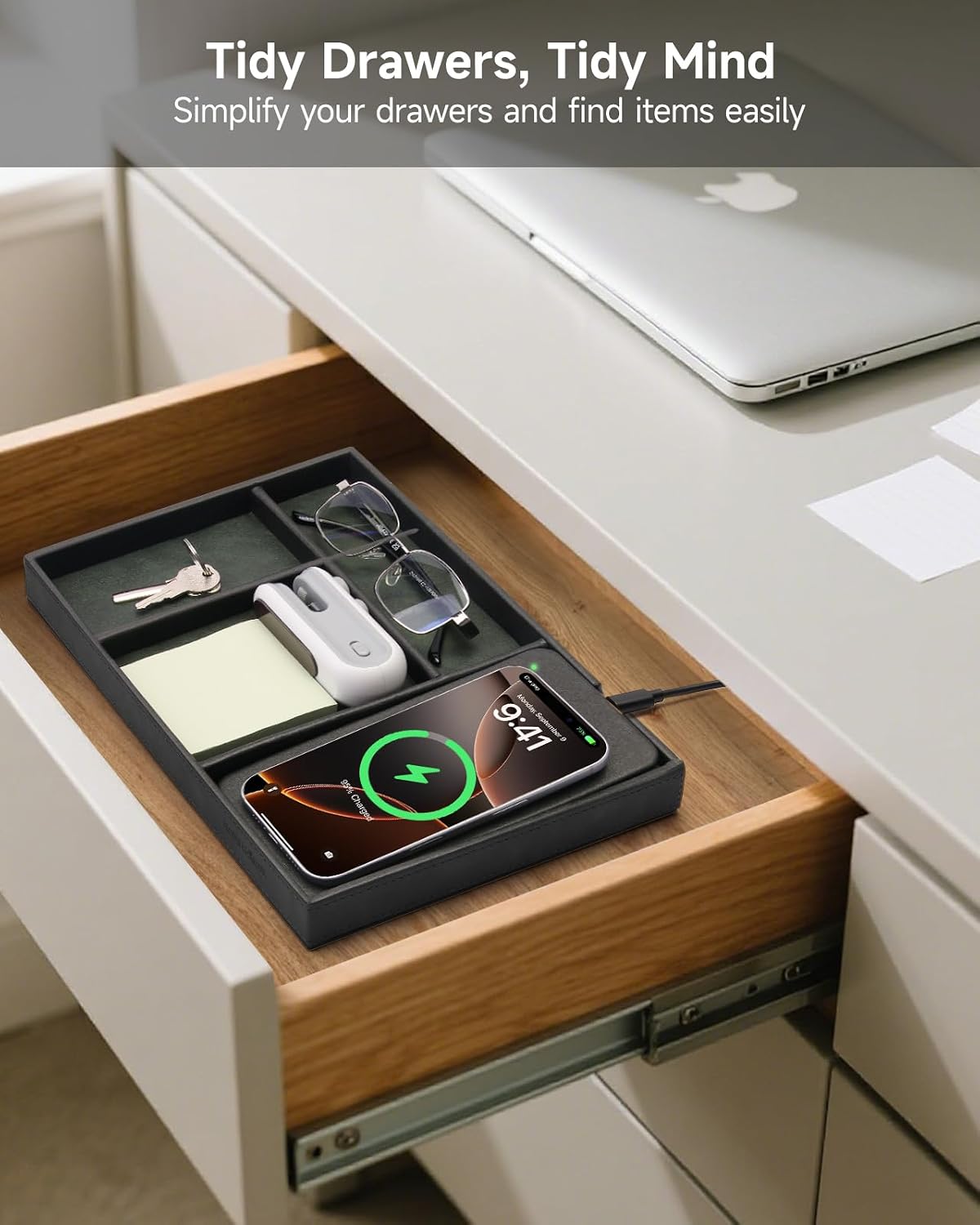 Valet Tray, Built in Wireless Charging Pad, Nightstand Organizer
