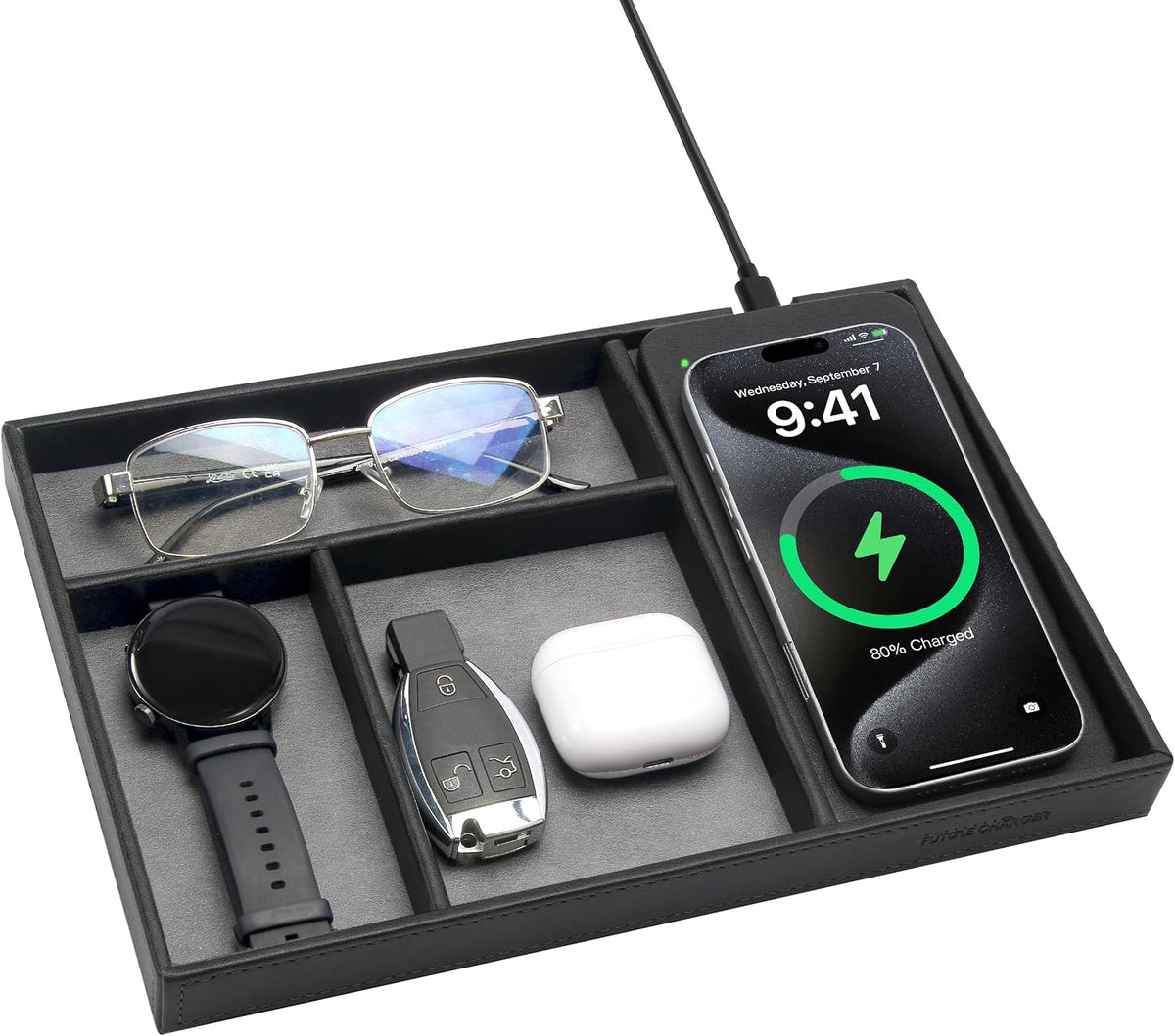 Valet Tray, Built in Wireless Charging Pad, Nightstand Organizer