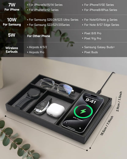 Valet Tray, Built in Wireless Charging Pad, Nightstand Organizer