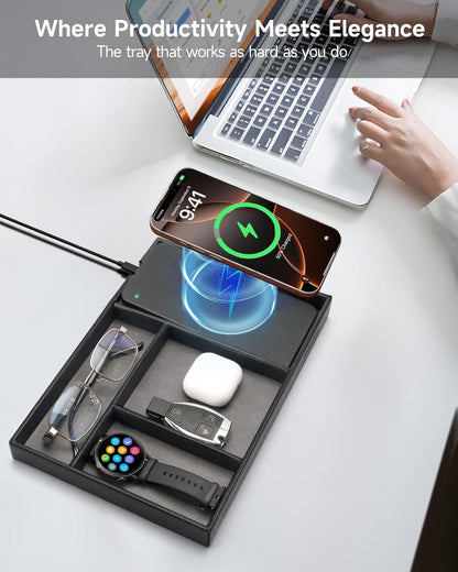 Valet Tray, Built in Wireless Charging Pad, Nightstand Organizer