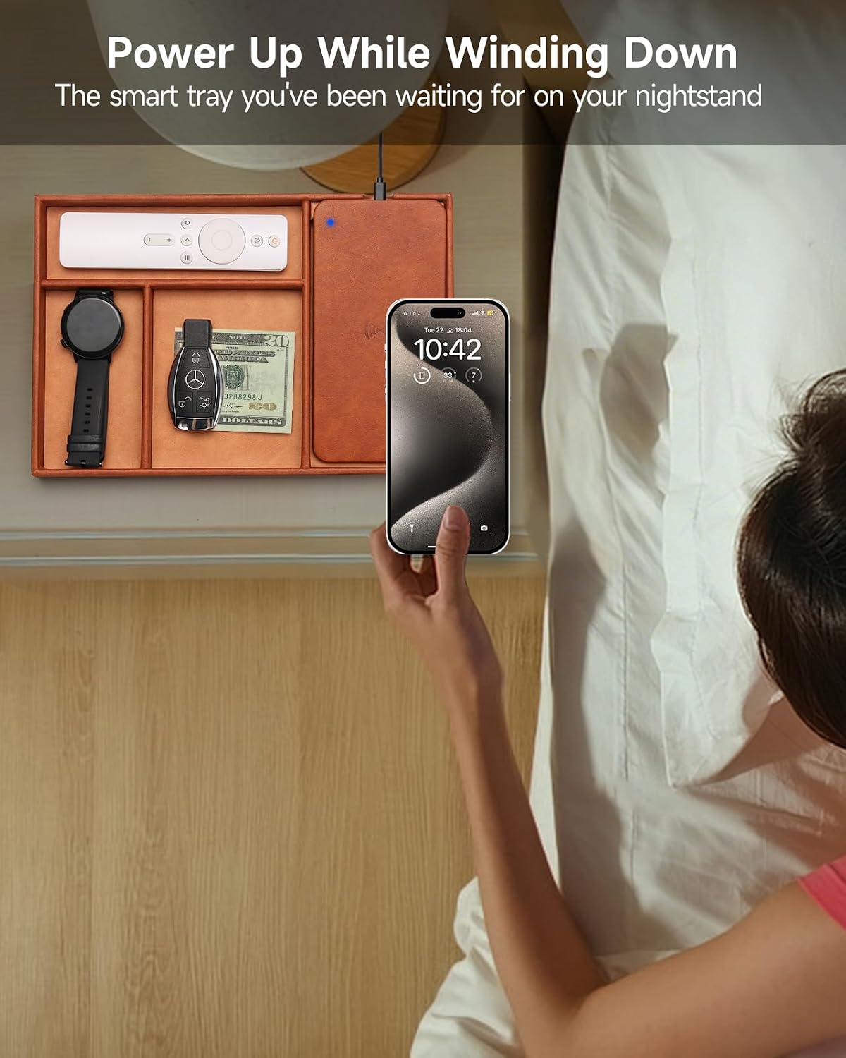 Valet Tray, Built in Wireless Charging Pad, Nightstand Organizer