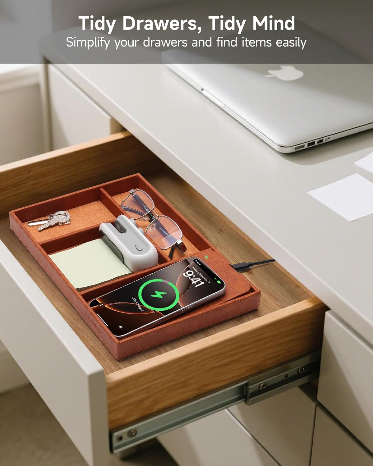 Valet Tray, Built in Wireless Charging Pad, Nightstand Organizer