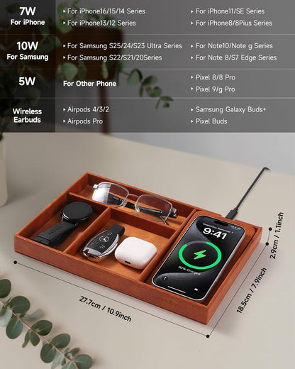 Valet Tray, Built in Wireless Charging Pad, Nightstand Organizer