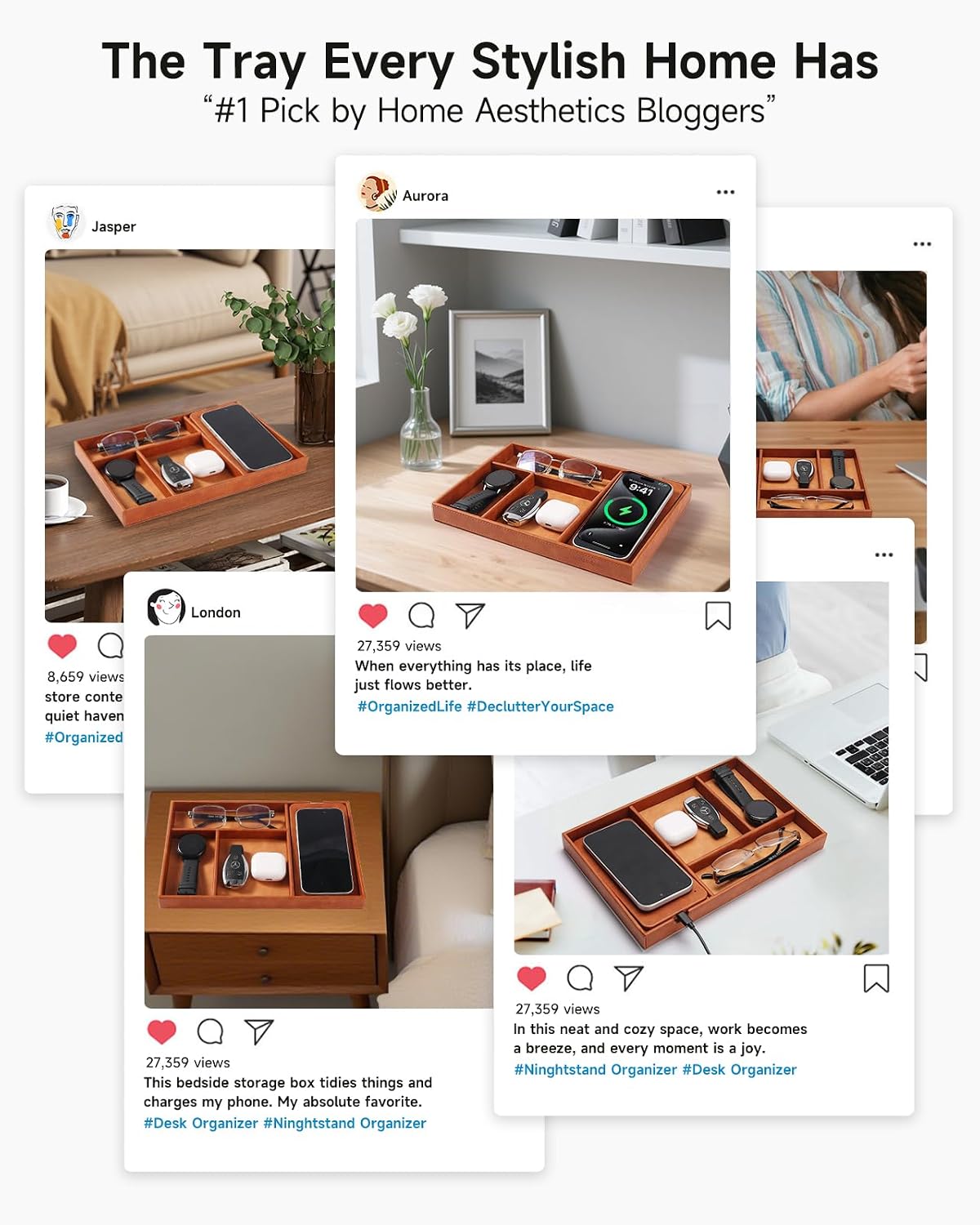 Valet Tray, Built in Wireless Charging Pad, Nightstand Organizer