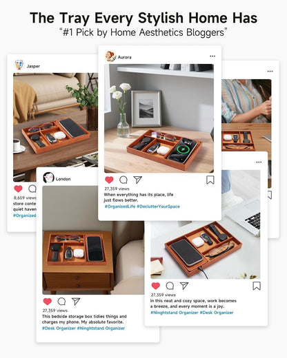 Valet Tray, Built in Wireless Charging Pad, Nightstand Organizer