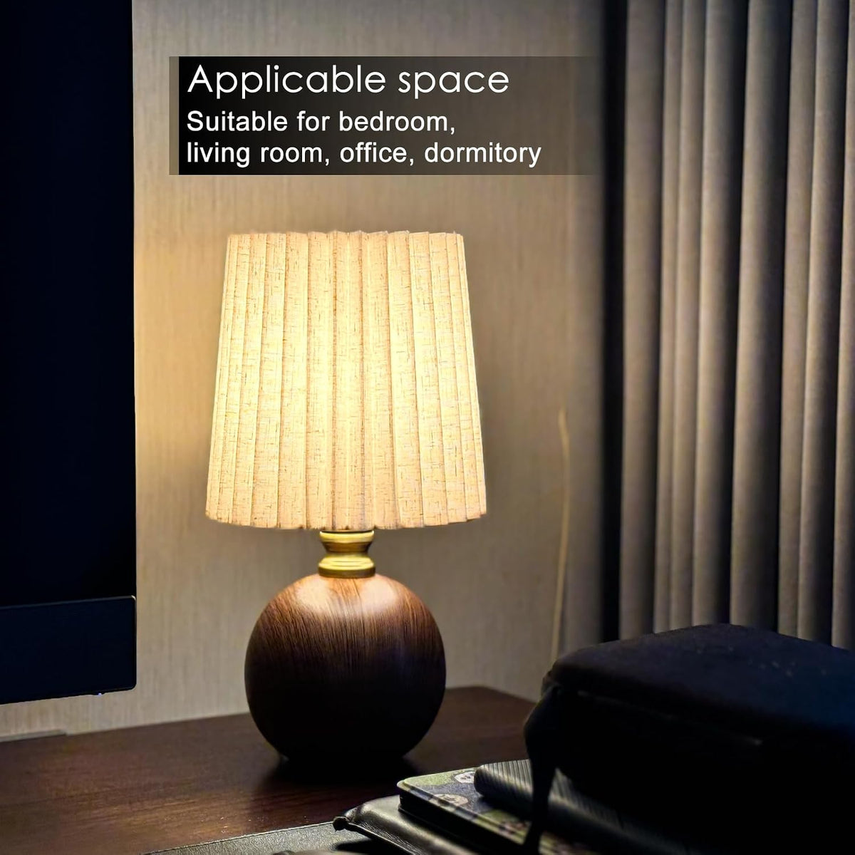 Small Pleated Table Lamp for Bedroom, Bedside Lamps for Nightstand, Dimmable Desk Lamp Ceramic Wood Grain Base Round Flaxen Fabric Shade for Living Room, Kids Room, LED Bulb Included (Modern)