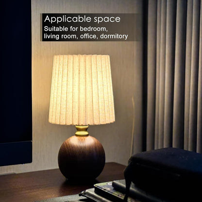 Small Pleated Table Lamp for Bedroom, Bedside Lamps for Nightstand, Dimmable Desk Lamp Ceramic Wood Grain Base Round Flaxen Fabric Shade for Living Room, Kids Room, LED Bulb Included (Modern)