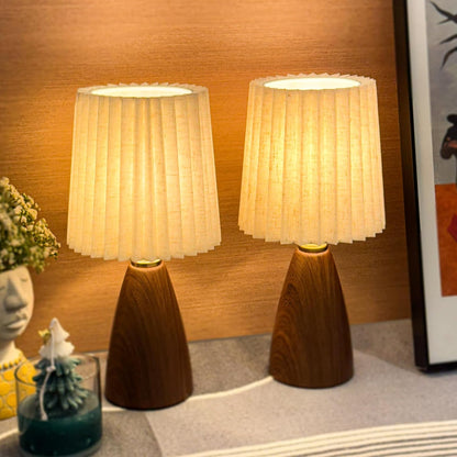 Small Pleated Table Lamp for Bedroom, Bedside Lamps for Nightstand, Dimmable Desk Lamp Ceramic Wood Grain Base Round Flaxen Fabric Shade for Living Room, Kids Room, LED Bulb Included (Modern)
