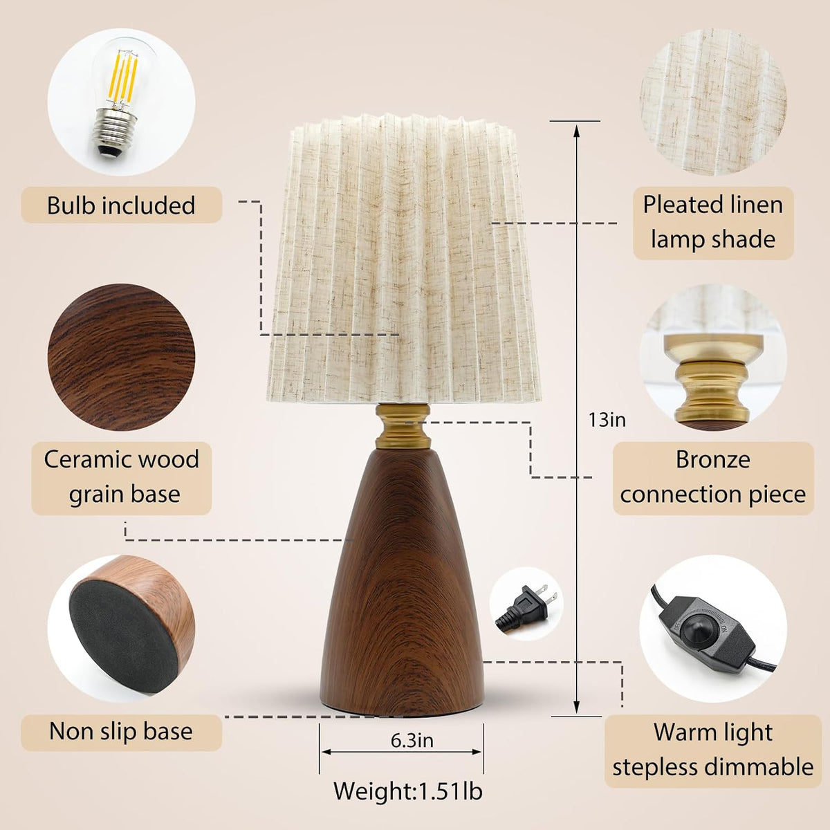 Small Pleated Table Lamp for Bedroom, Bedside Lamps for Nightstand, Dimmable Desk Lamp Ceramic Wood Grain Base Round Flaxen Fabric Shade for Living Room, Kids Room, LED Bulb Included (Modern)