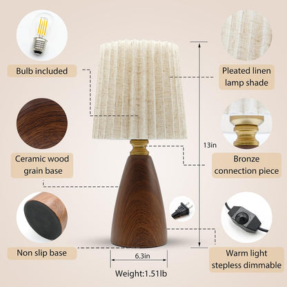Small Pleated Table Lamp for Bedroom, Bedside Lamps for Nightstand, Dimmable Desk Lamp Ceramic Wood Grain Base Round Flaxen Fabric Shade for Living Room, Kids Room, LED Bulb Included (Modern)