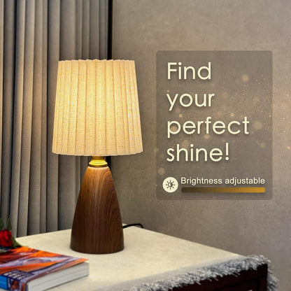 Small Pleated Table Lamp for Bedroom, Bedside Lamps for Nightstand, Dimmable Desk Lamp Ceramic Wood Grain Base Round Flaxen Fabric Shade for Living Room, Kids Room, LED Bulb Included (Modern)