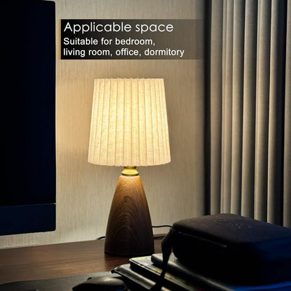 Small Pleated Table Lamp for Bedroom, Bedside Lamps for Nightstand, Dimmable Desk Lamp Ceramic Wood Grain Base Round Flaxen Fabric Shade for Living Room, Kids Room, LED Bulb Included (Modern)