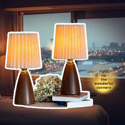 Small Pleated Table Lamp for Bedroom, Bedside Lamps for Nightstand, Dimmable Desk Lamp Ceramic Wood Grain Base Round Flaxen Fabric Shade for Living Room, Kids Room, LED Bulb Included (Modern)