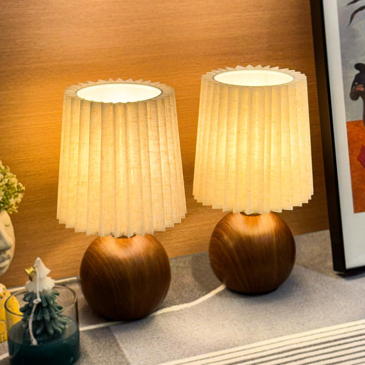 Small Pleated Table Lamp for Bedroom, Bedside Lamps for Nightstand, Dimmable Desk Lamp Ceramic Wood Grain Base Round Flaxen Fabric Shade for Living Room, Kids Room, LED Bulb Included (Modern)